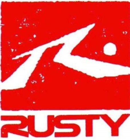 Red logo with white lettering spelling "RUSTY" and a stylised wave symbol.